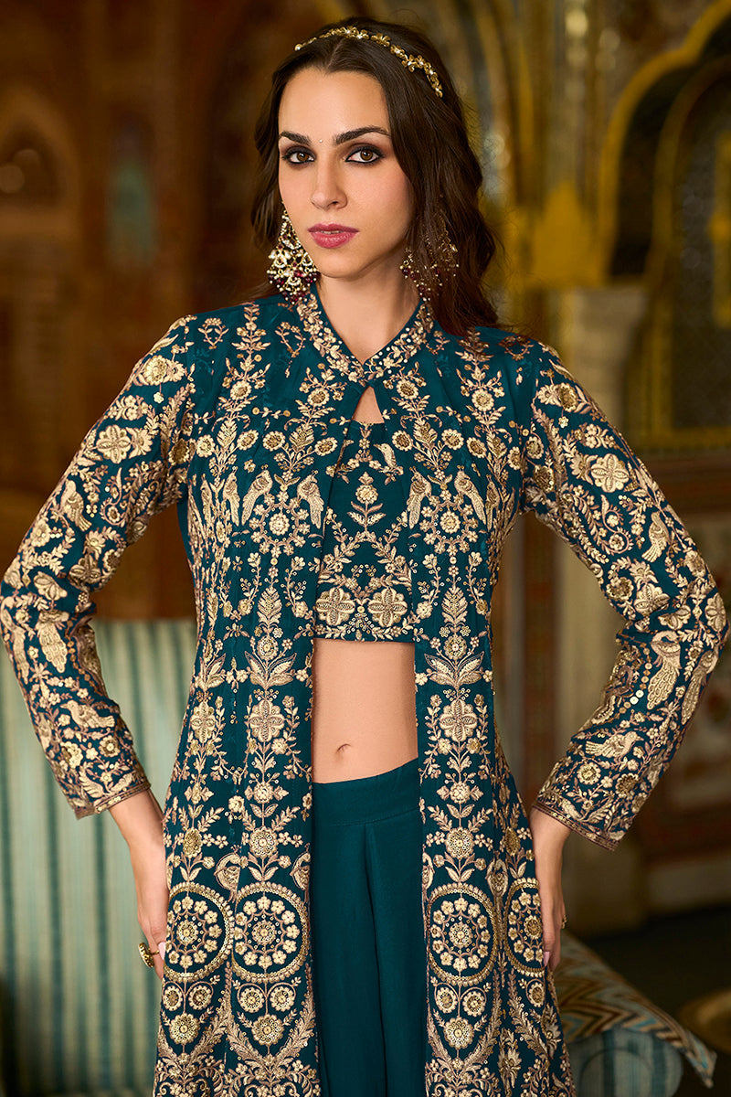teal poly georgette embroidered straighit top sharara with shrug 