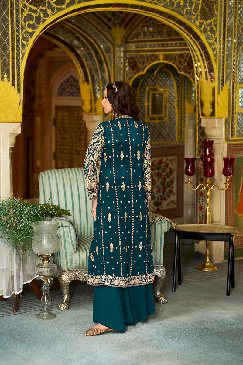 teal poly georgette embroidered straighit top sharara with shrug 