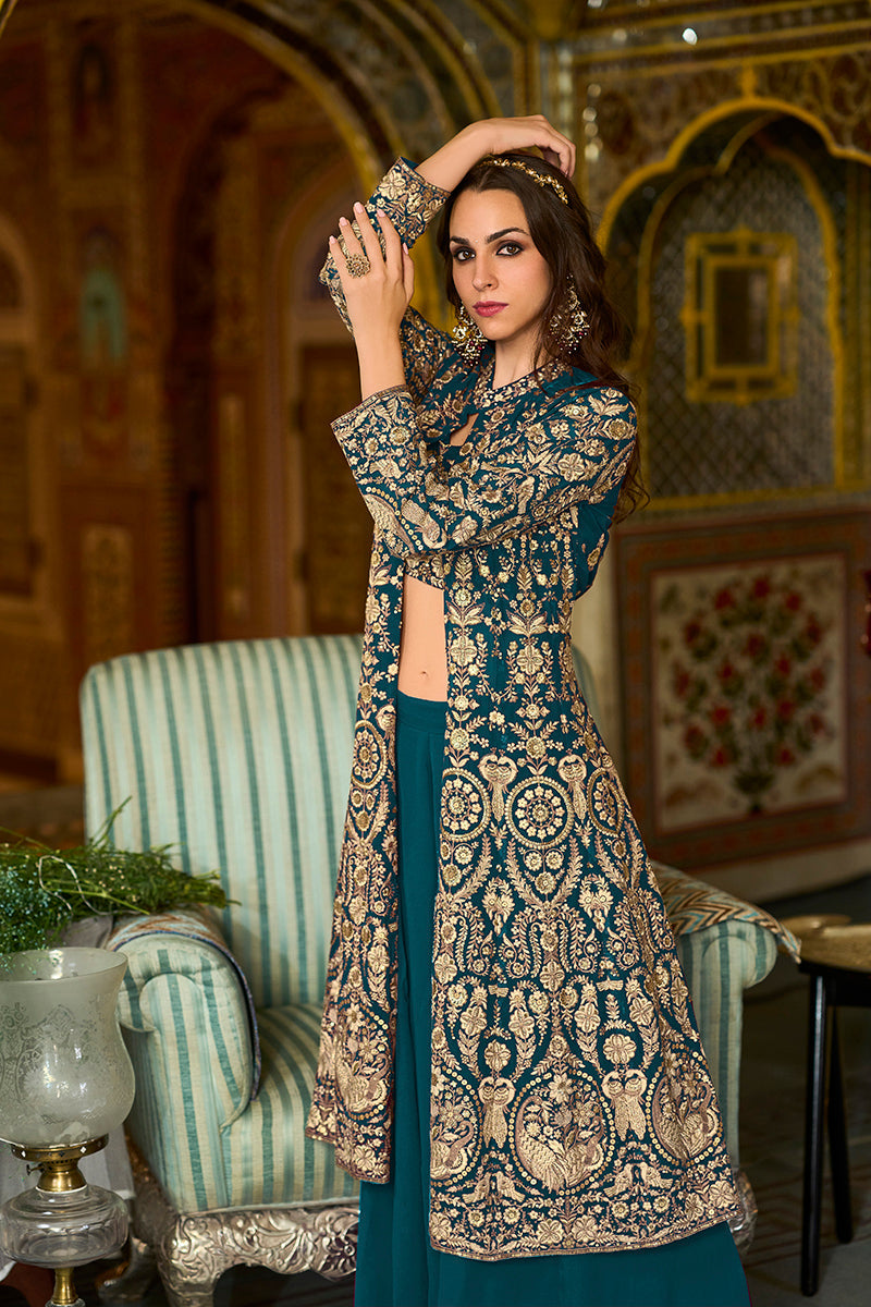 teal poly georgette embroidered straighit top sharara with shrug 