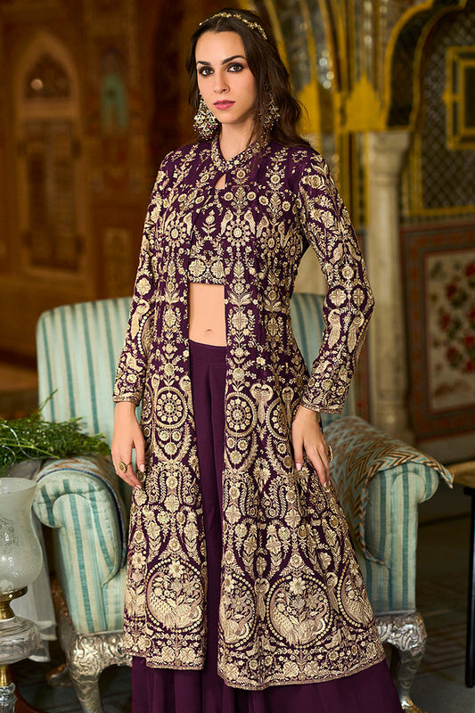 purple poly georgette embroidered straighit top sharara with shrug