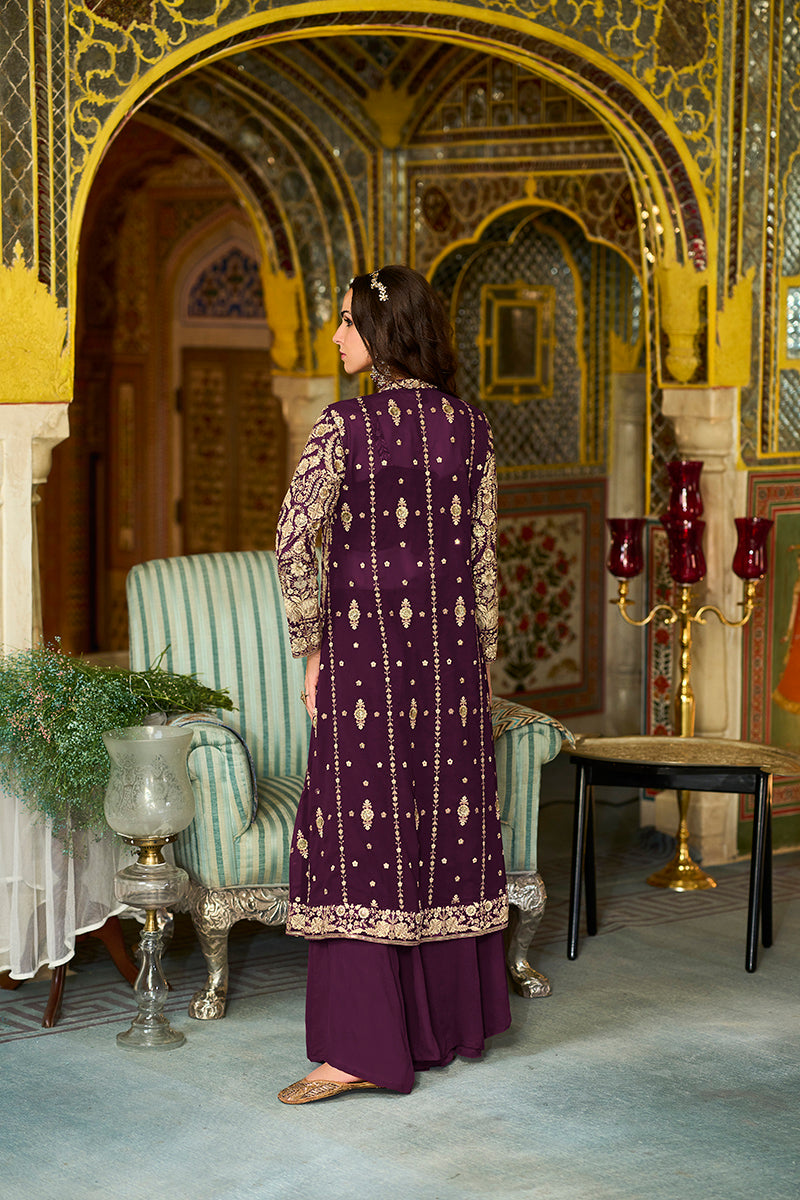 purple poly georgette embroidered straighit top sharara with shrug