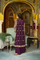 purple poly georgette embroidered straighit top sharara with shrug