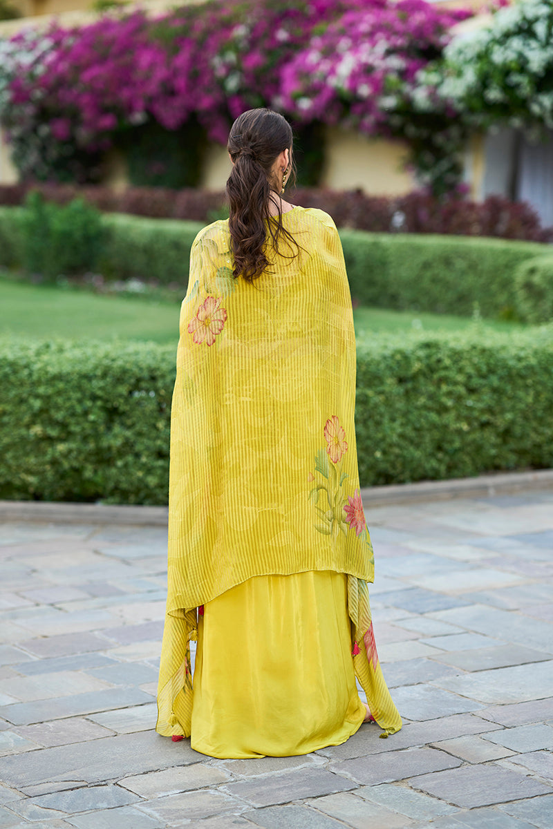 yellow chiffon solid embroidered straighit top skirt with shrug 