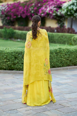 yellow chiffon solid embroidered straighit top skirt with shrug 