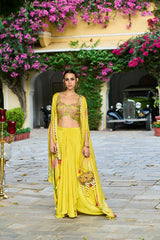 yellow chiffon solid embroidered straighit top skirt with shrug 