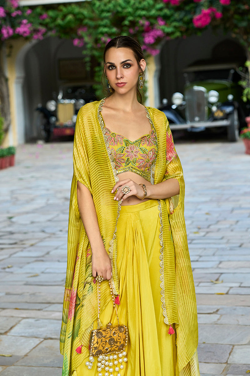 yellow chiffon solid embroidered straighit top skirt with shrug 