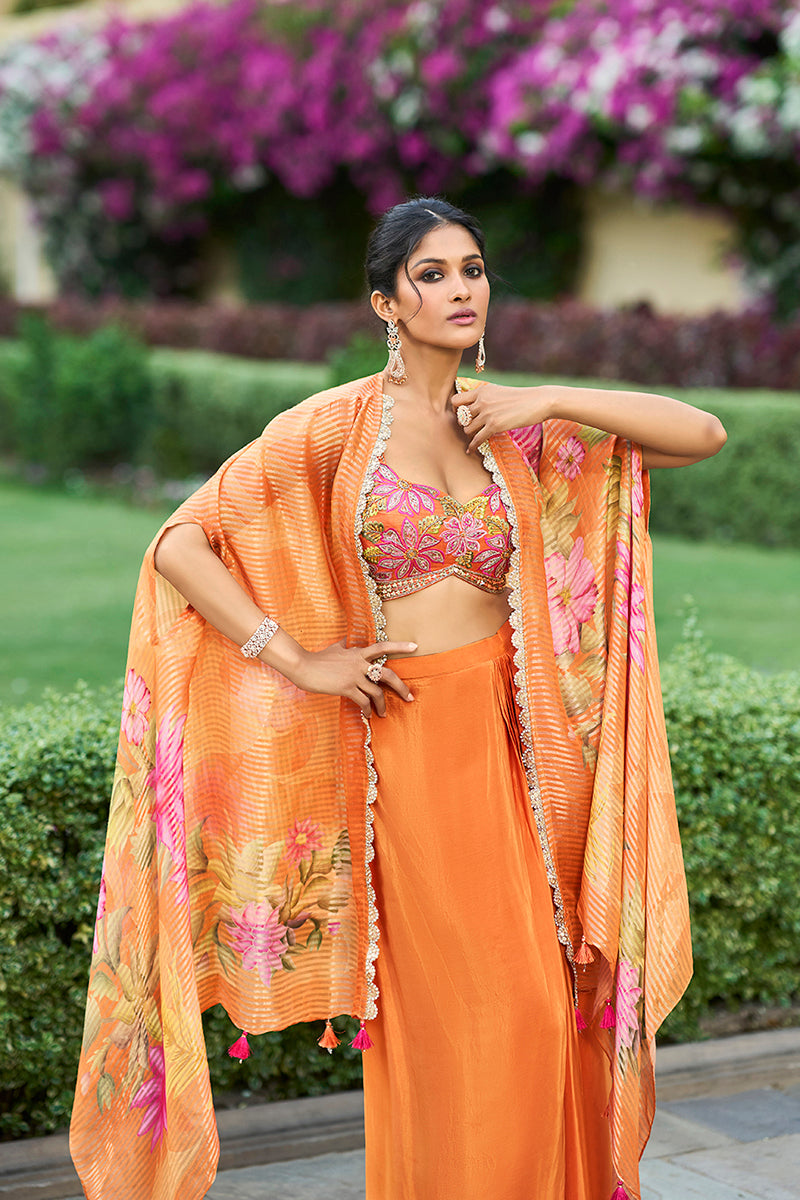 orange silk blend embroidered straighit top skirt with shrug 