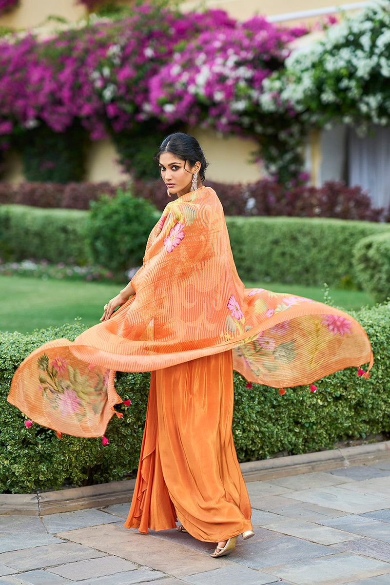 orange silk blend embroidered straighit top skirt with shrug 
