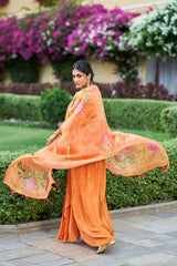 orange silk blend embroidered straighit top skirt with shrug 