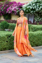orange silk blend embroidered straighit top skirt with shrug 