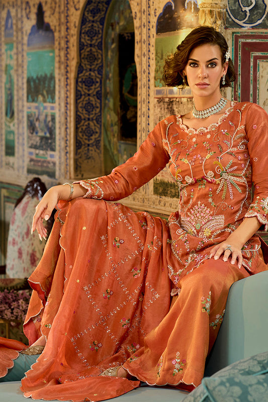 orange solid embroidered straight kurta palaazo with dupatta