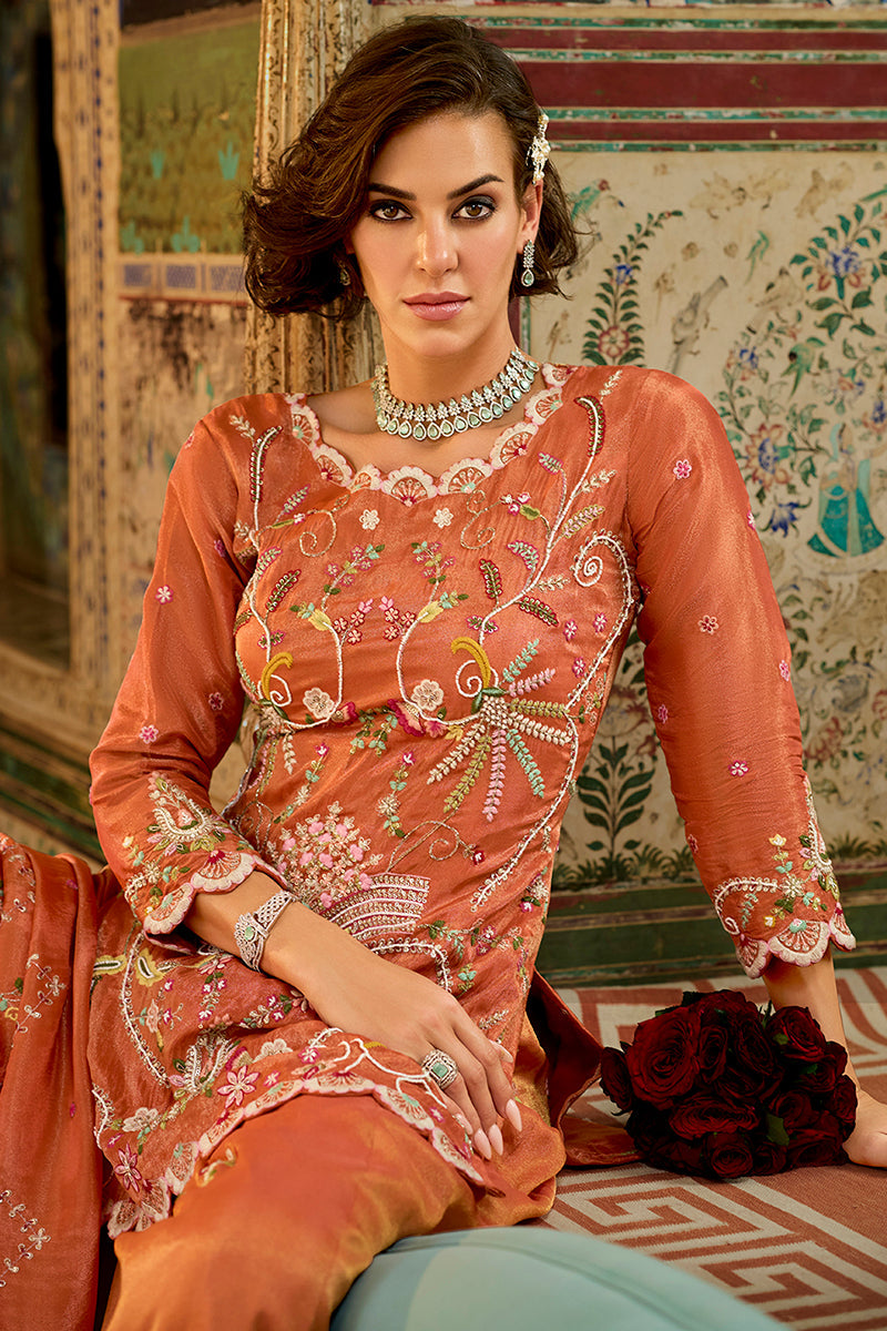 orange solid embroidered straight kurta palaazo with dupatta