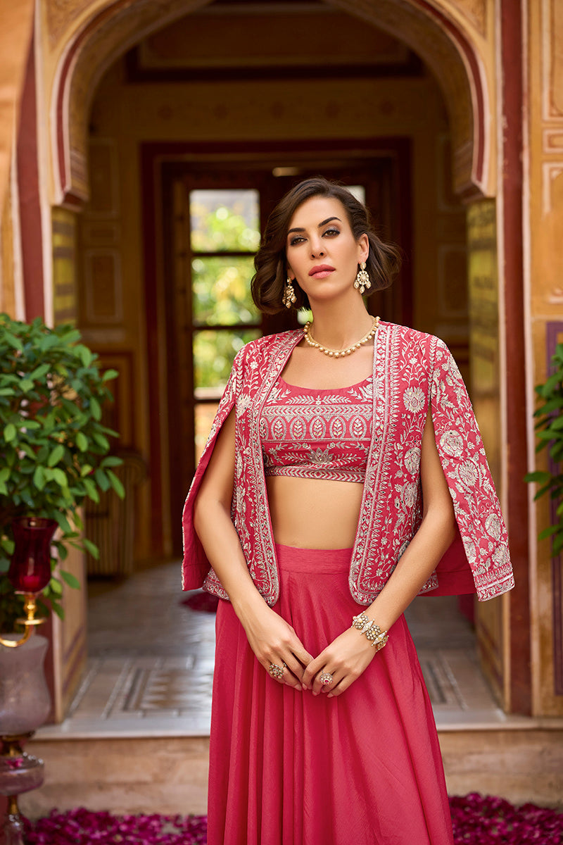 pink silk blend embroidered flared top bottom with shrug 