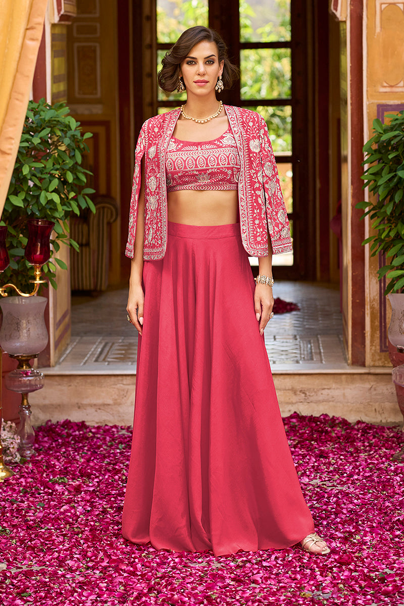 pink silk blend embroidered flared top bottom with shrug 