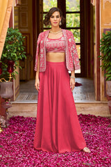 pink silk blend embroidered flared top bottom with shrug 