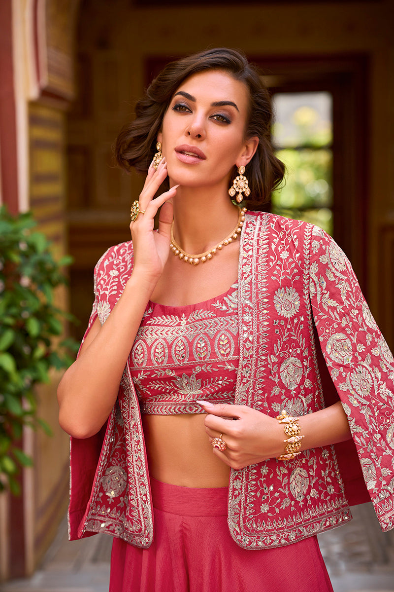 pink silk blend embroidered flared top bottom with shrug 