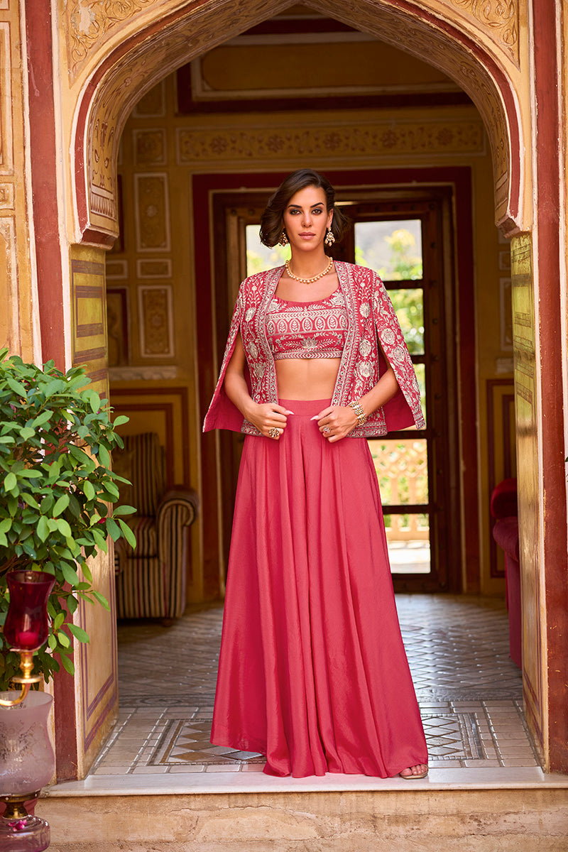 pink silk blend embroidered flared top bottom with shrug 