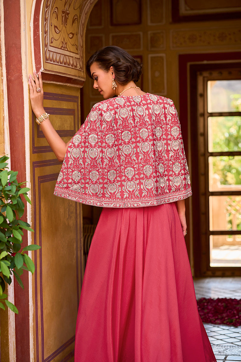 pink silk blend embroidered flared top bottom with shrug 