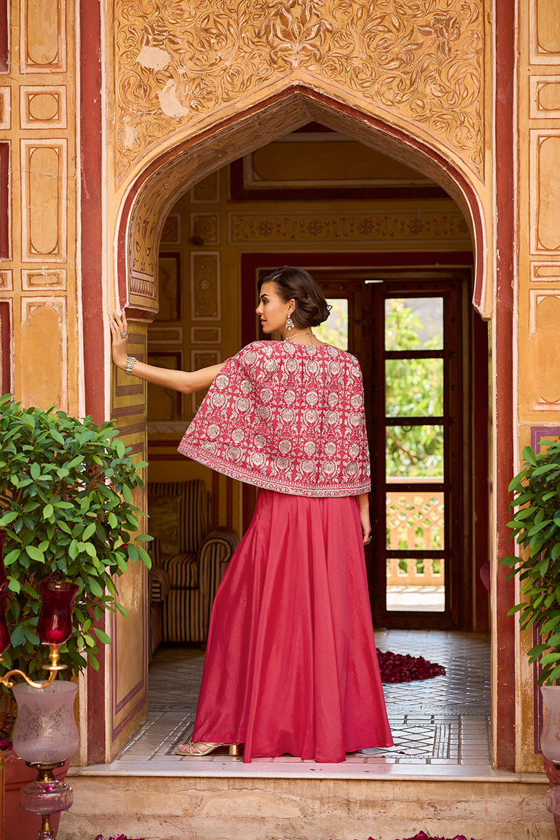 pink silk blend embroidered flared top bottom with shrug 