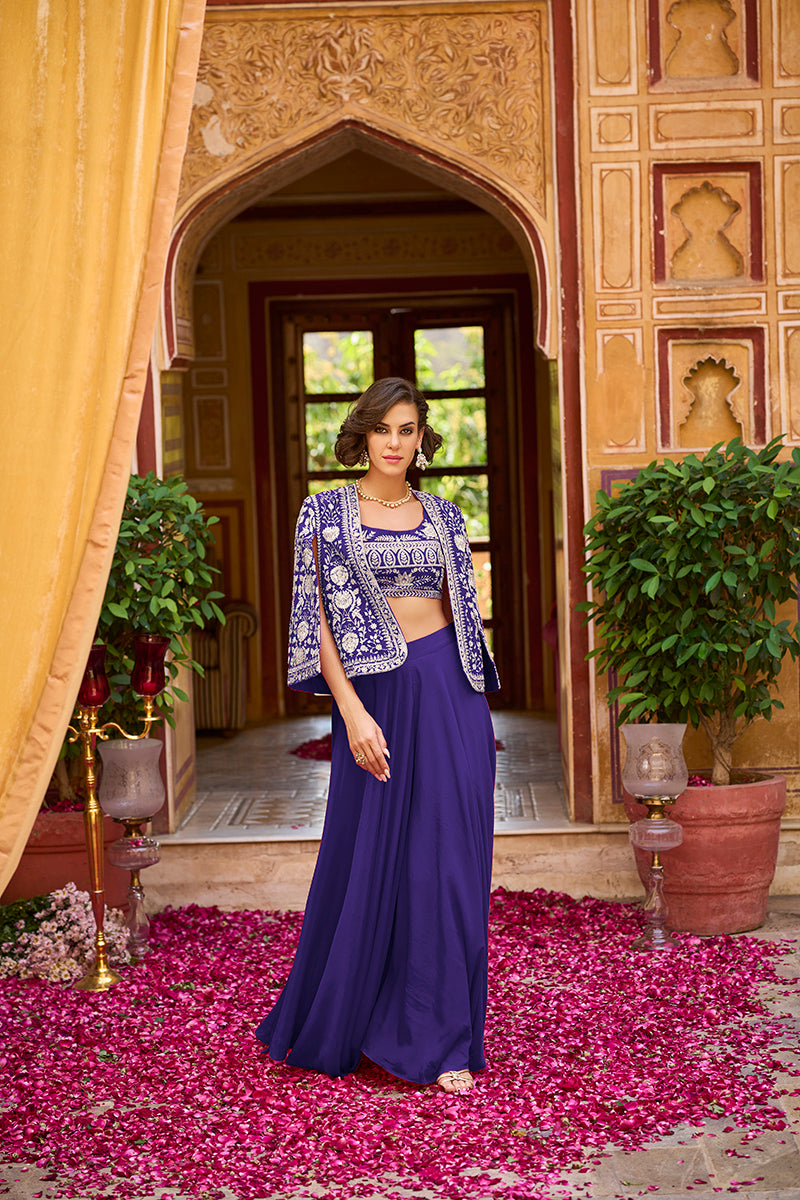 blue silk blend embroidered flared top bottom with shrug 