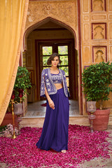blue silk blend embroidered flared top bottom with shrug 