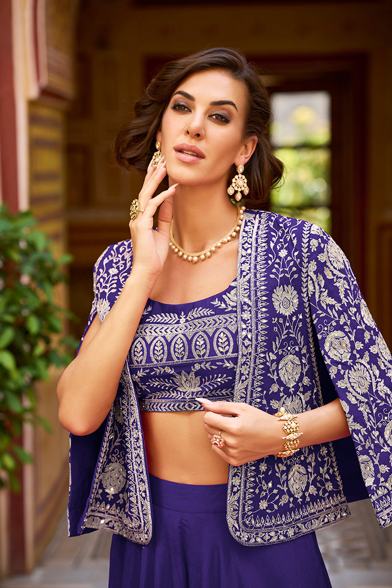 blue silk blend embroidered flared top bottom with shrug 