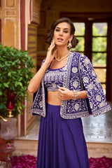 blue silk blend embroidered flared top bottom with shrug 