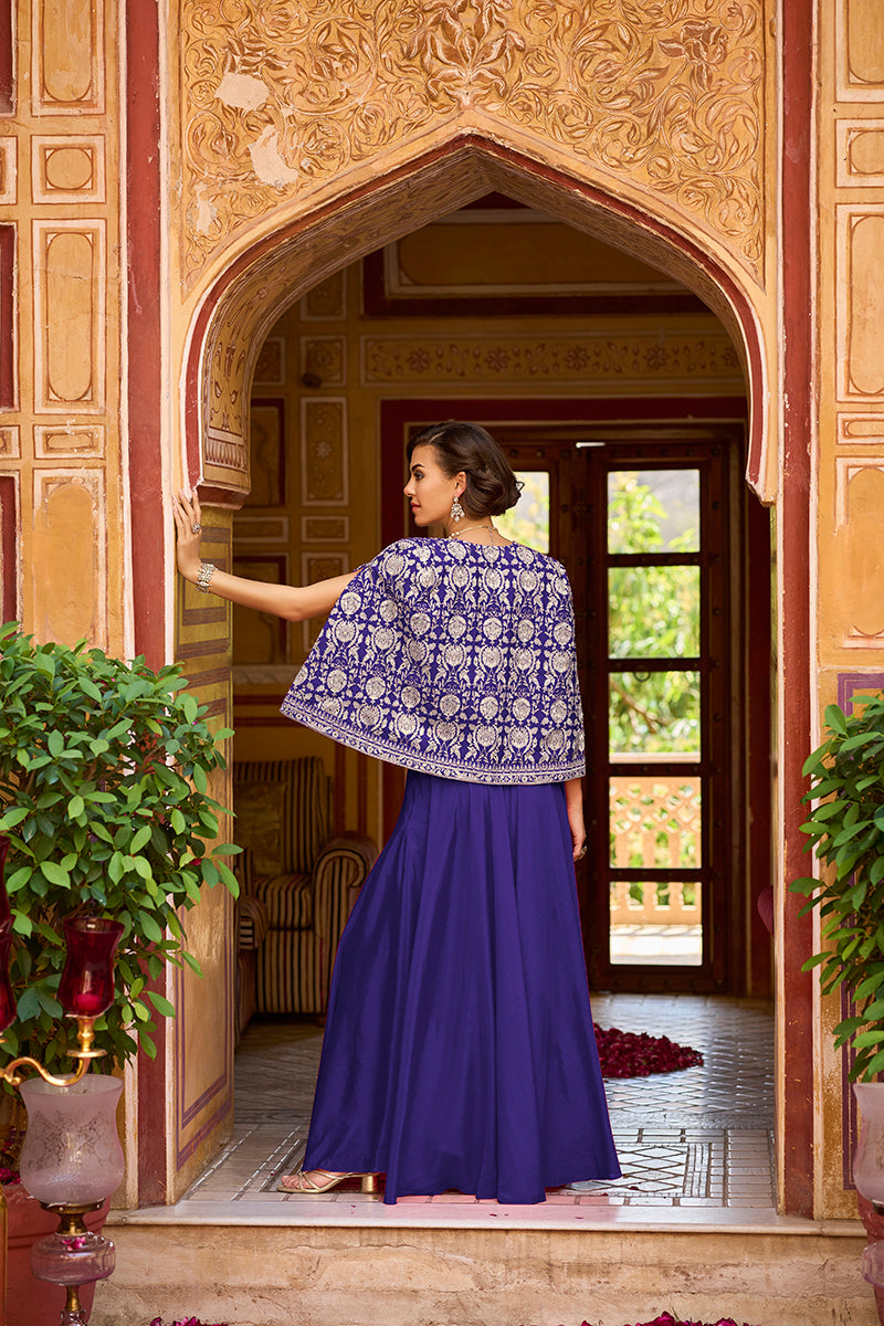 blue silk blend embroidered flared top bottom with shrug 