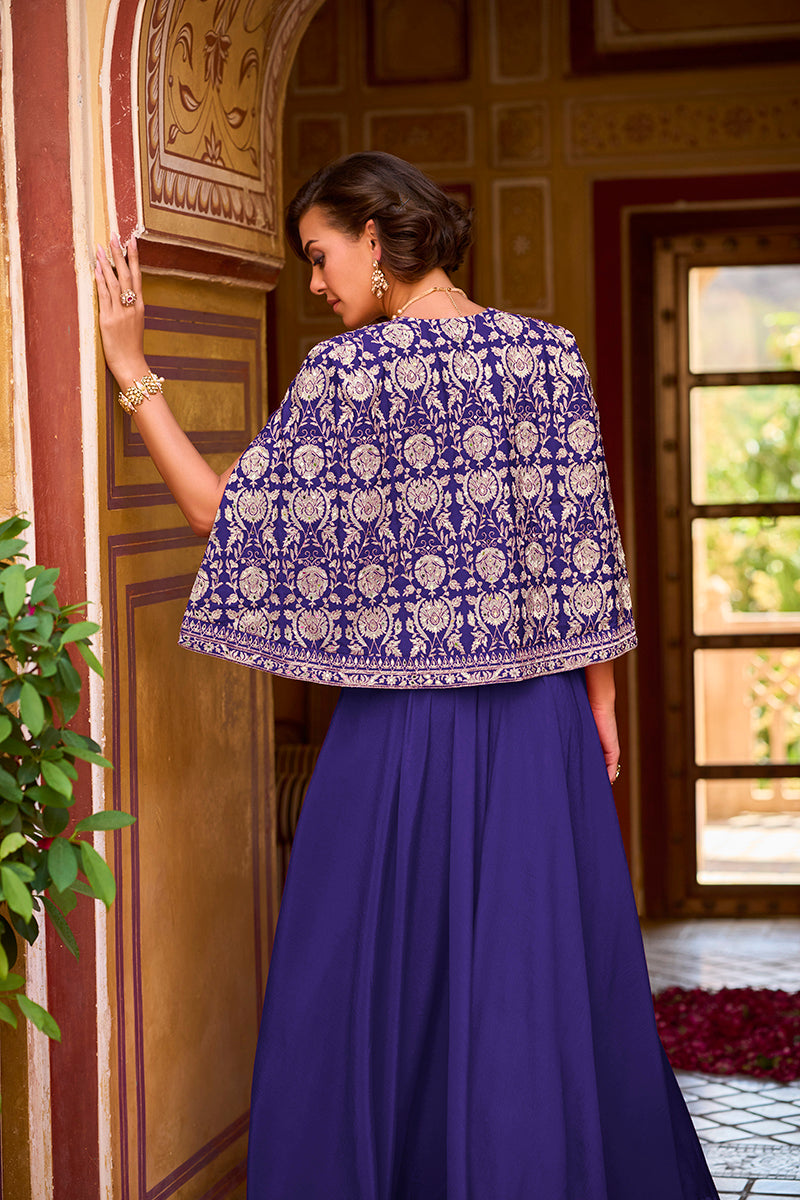 blue silk blend embroidered flared top bottom with shrug 