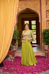 green silk blend embroidered flared top bottom with shrug 