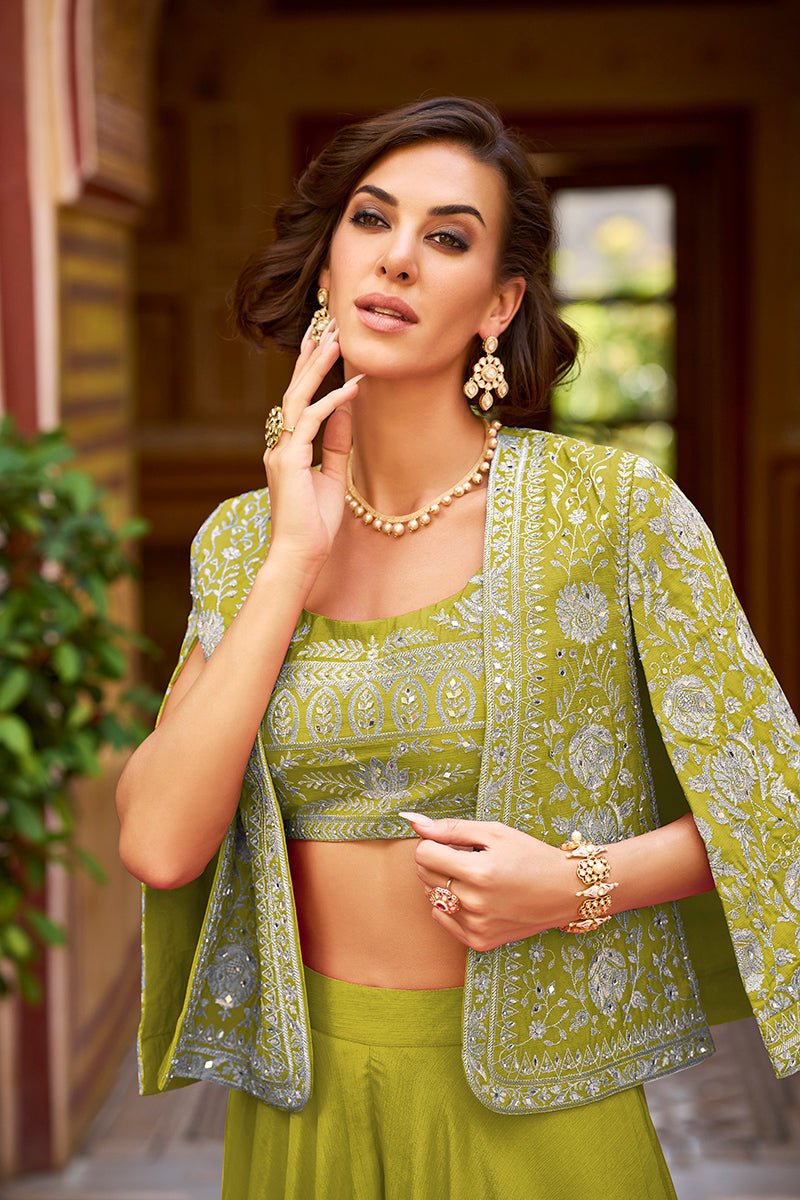green silk blend embroidered flared top bottom with shrug 