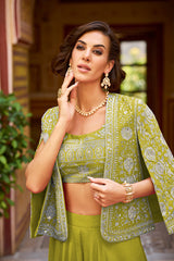 green silk blend embroidered flared top bottom with shrug 