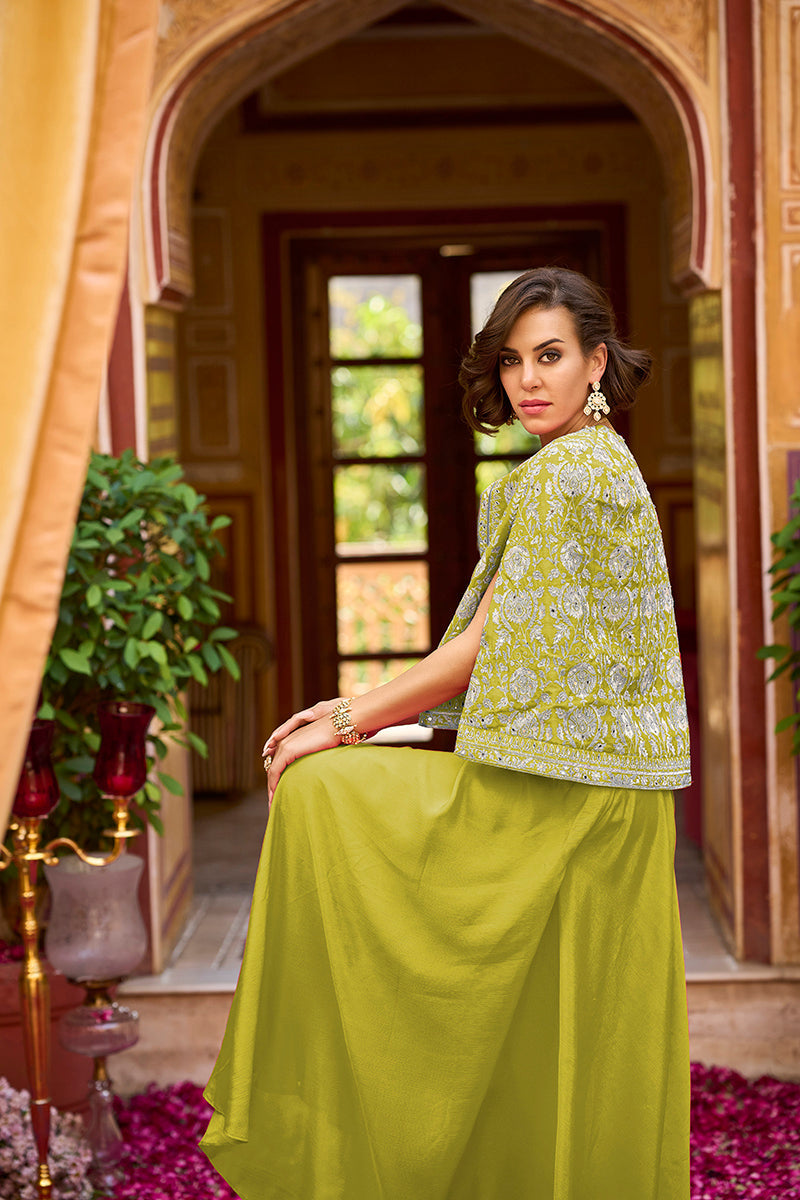 green silk blend embroidered flared top bottom with shrug 