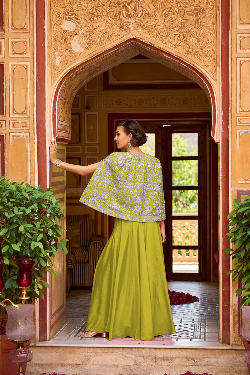 green silk blend embroidered flared top bottom with shrug 