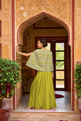 green silk blend embroidered flared top bottom with shrug 