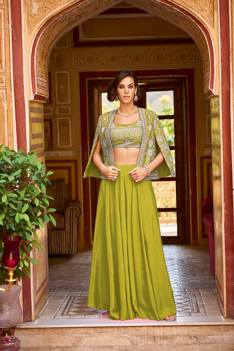 green silk blend embroidered flared top bottom with shrug 