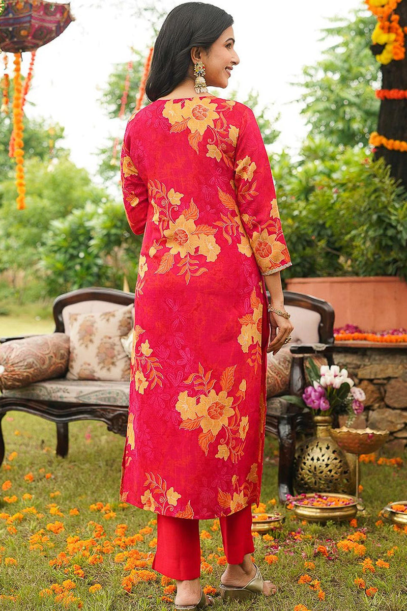 red viscose rayon floral embroidered straight kurta trousers with dupatta 