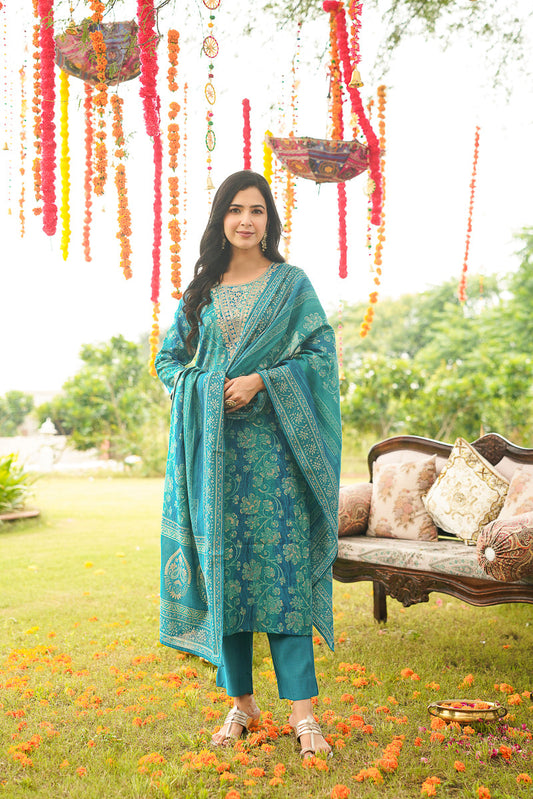 blue viscose rayon solid embroidered straight kurta trousers with dupatta pkskd3057