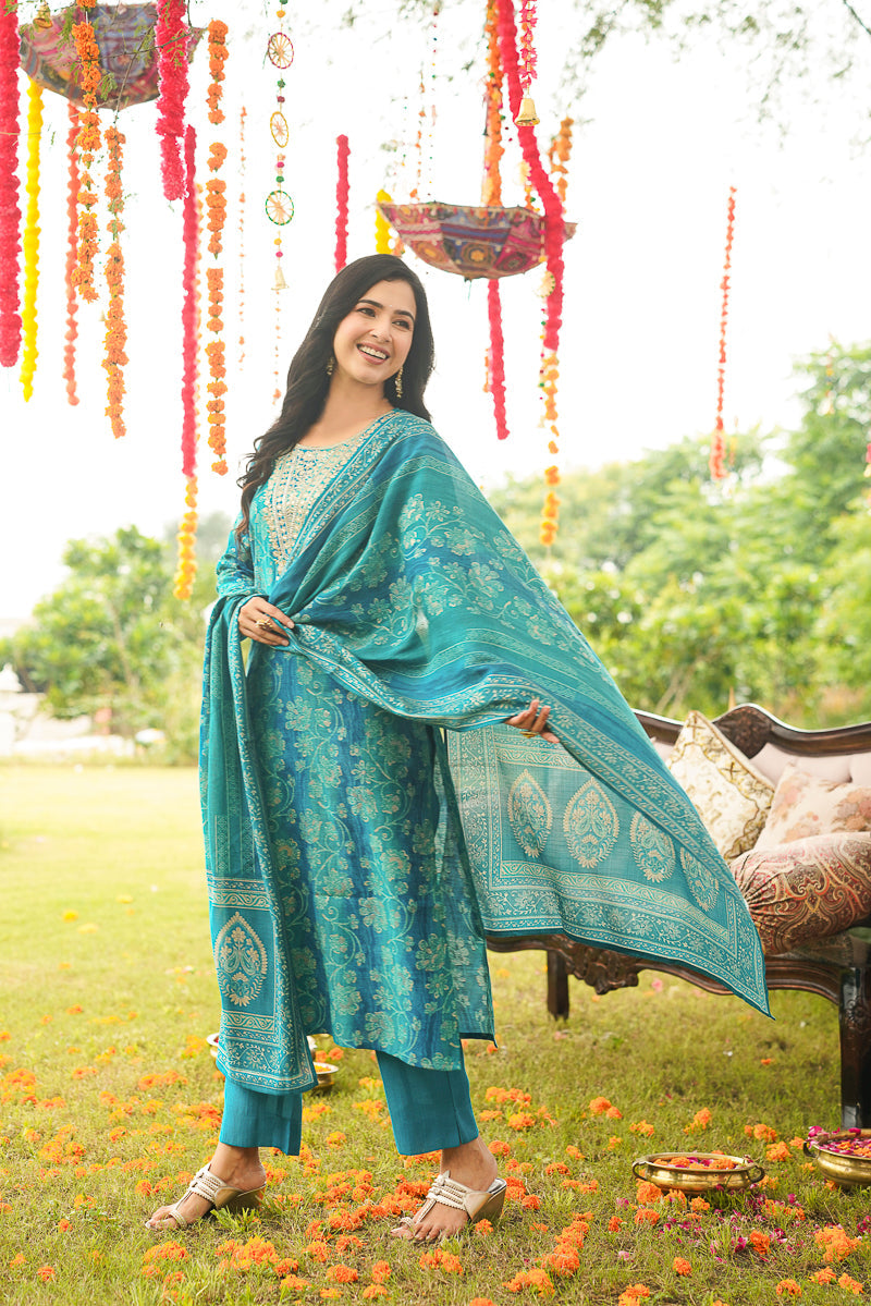 blue viscose rayon solid embroidered straight kurta trousers with dupatta pkskd3057
