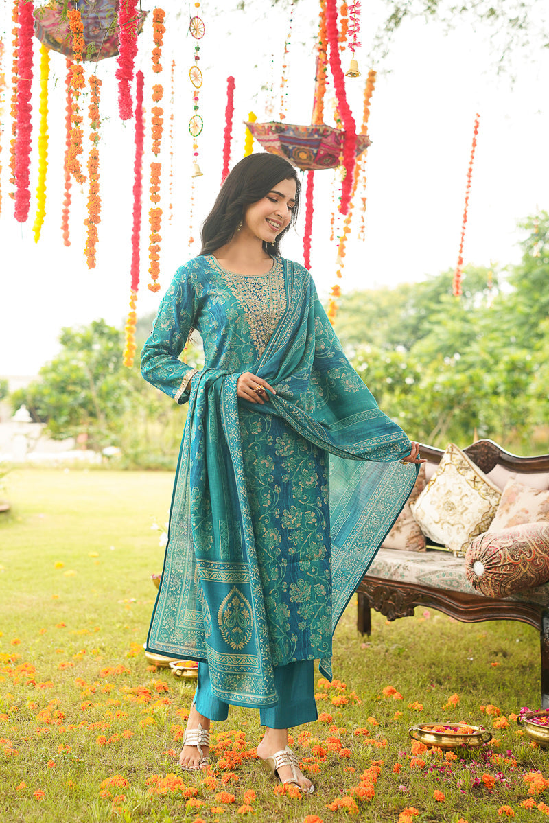 blue viscose rayon solid embroidered straight kurta trousers with dupatta pkskd3057