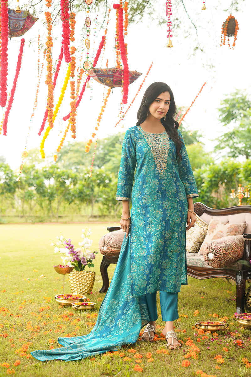 blue viscose rayon solid embroidered straight kurta trousers with dupatta pkskd3057