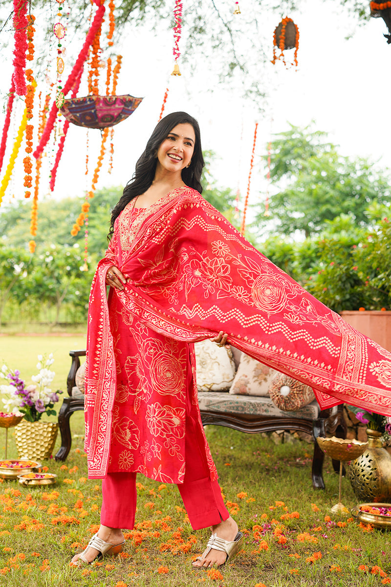 red viscose rayon floral embroidered straight kurta trousers with dupatta pkskd3078