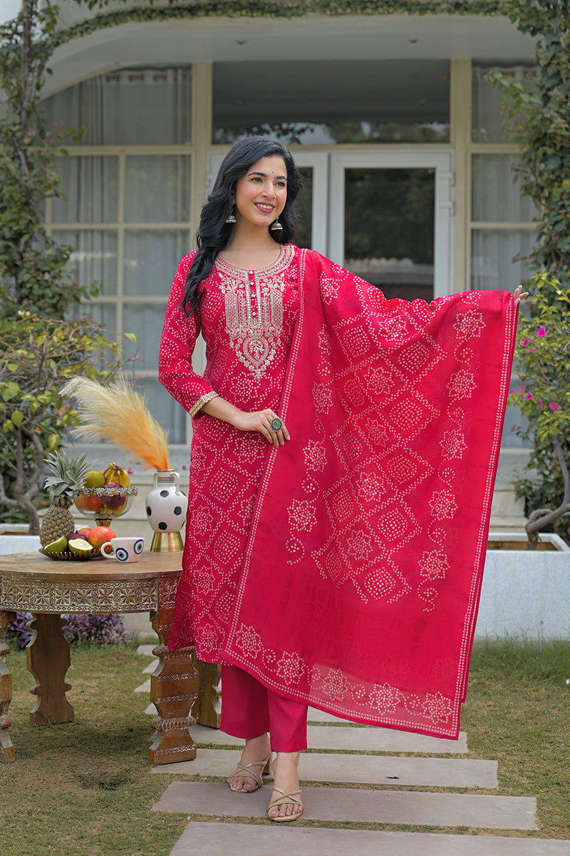 red silk blend bandhani embroidered straight kurta trousers with dupatta pkskd3105