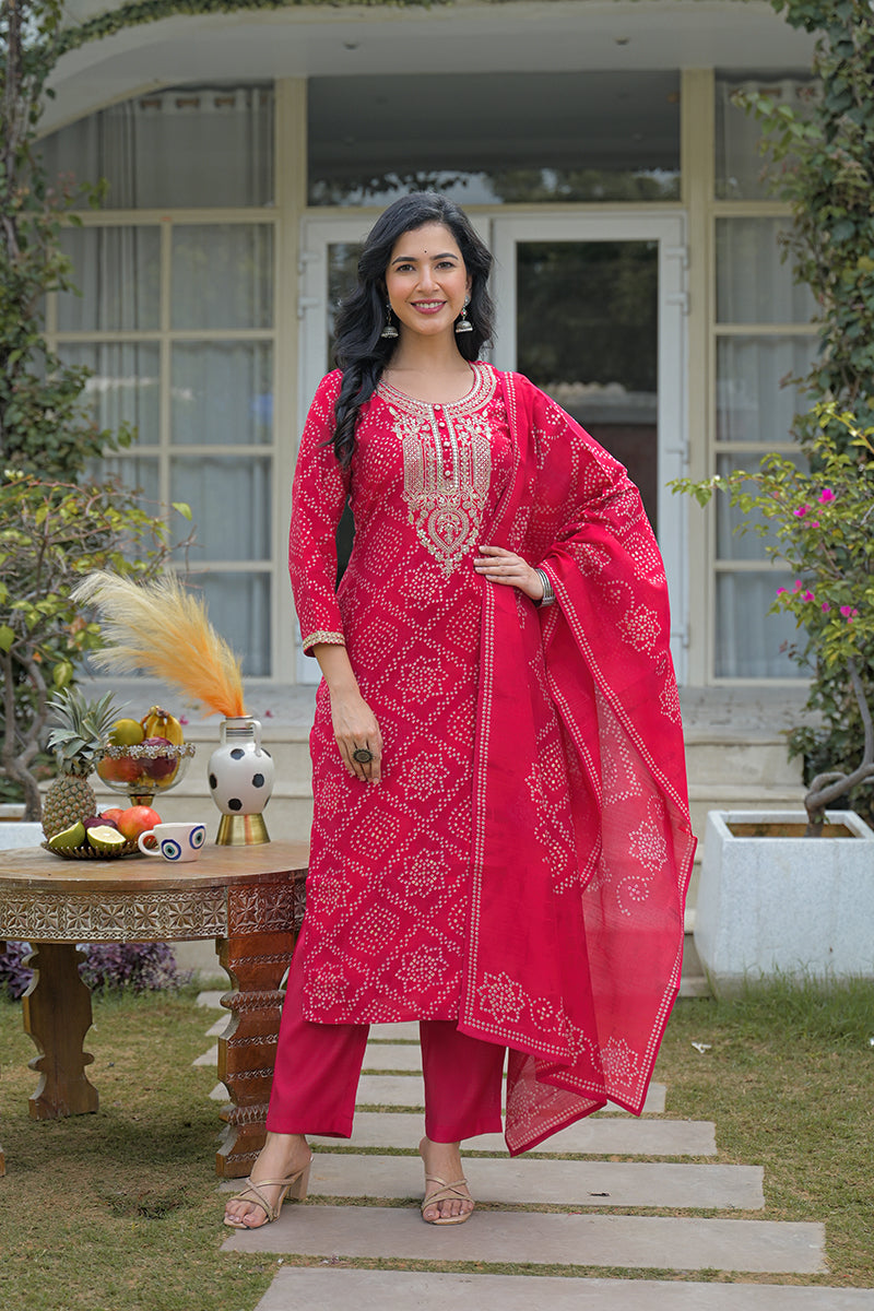 red silk blend bandhani embroidered straight kurta trousers with dupatta pkskd3105