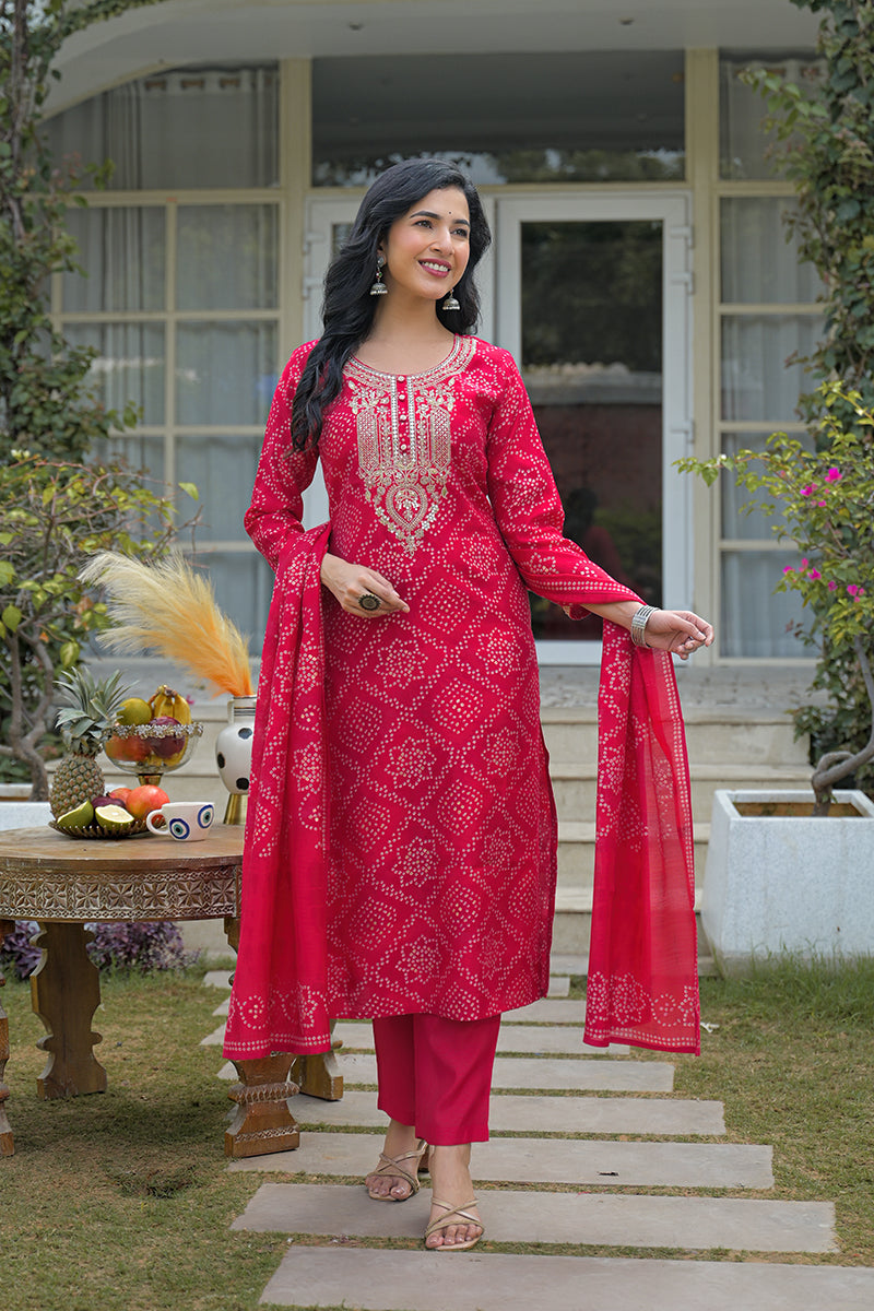 red silk blend bandhani embroidered straight kurta trousers with dupatta pkskd3105