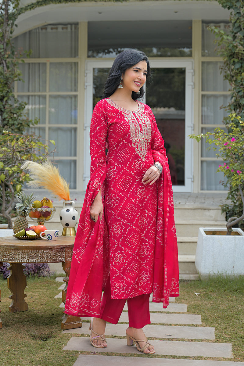red silk blend bandhani embroidered straight kurta trousers with dupatta pkskd3105