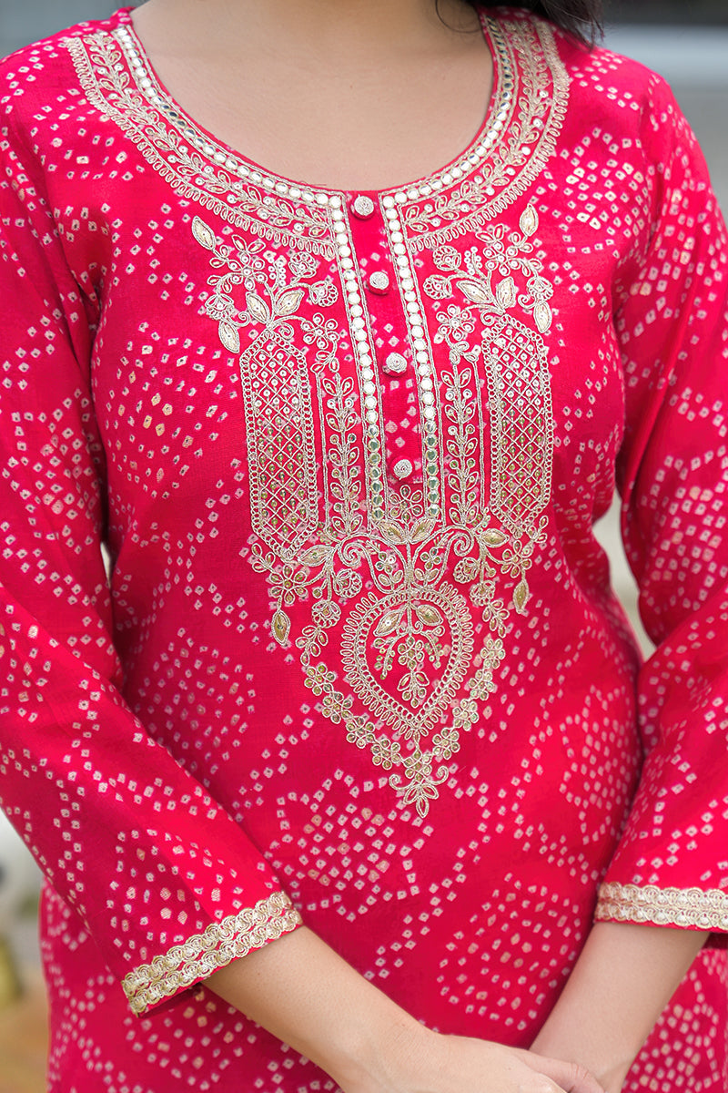 red silk blend bandhani embroidered straight kurta trousers with dupatta pkskd3105