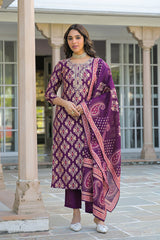 purple viscose ikat embroidered straight kurta trousers with dupatta