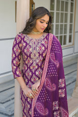 purple viscose ikat embroidered straight kurta trousers with dupatta