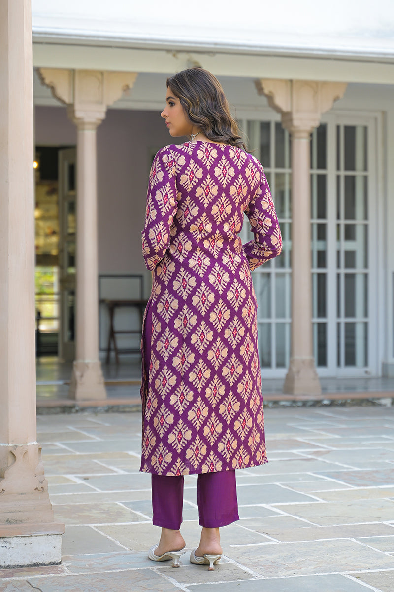 purple viscose ikat embroidered straight kurta trousers with dupatta
